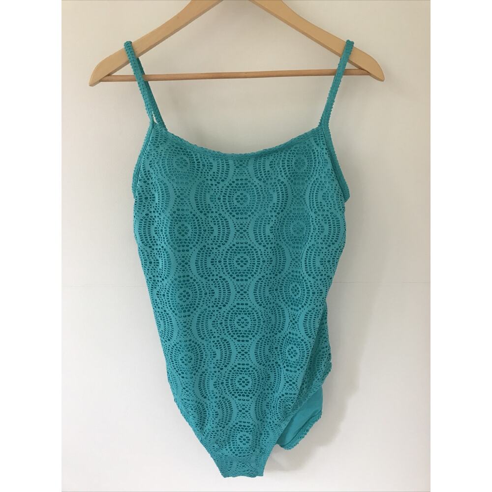 Catalina Womens Blue Teal Green One Piece Lace Swimsuit Bathing Suit Large 12/14